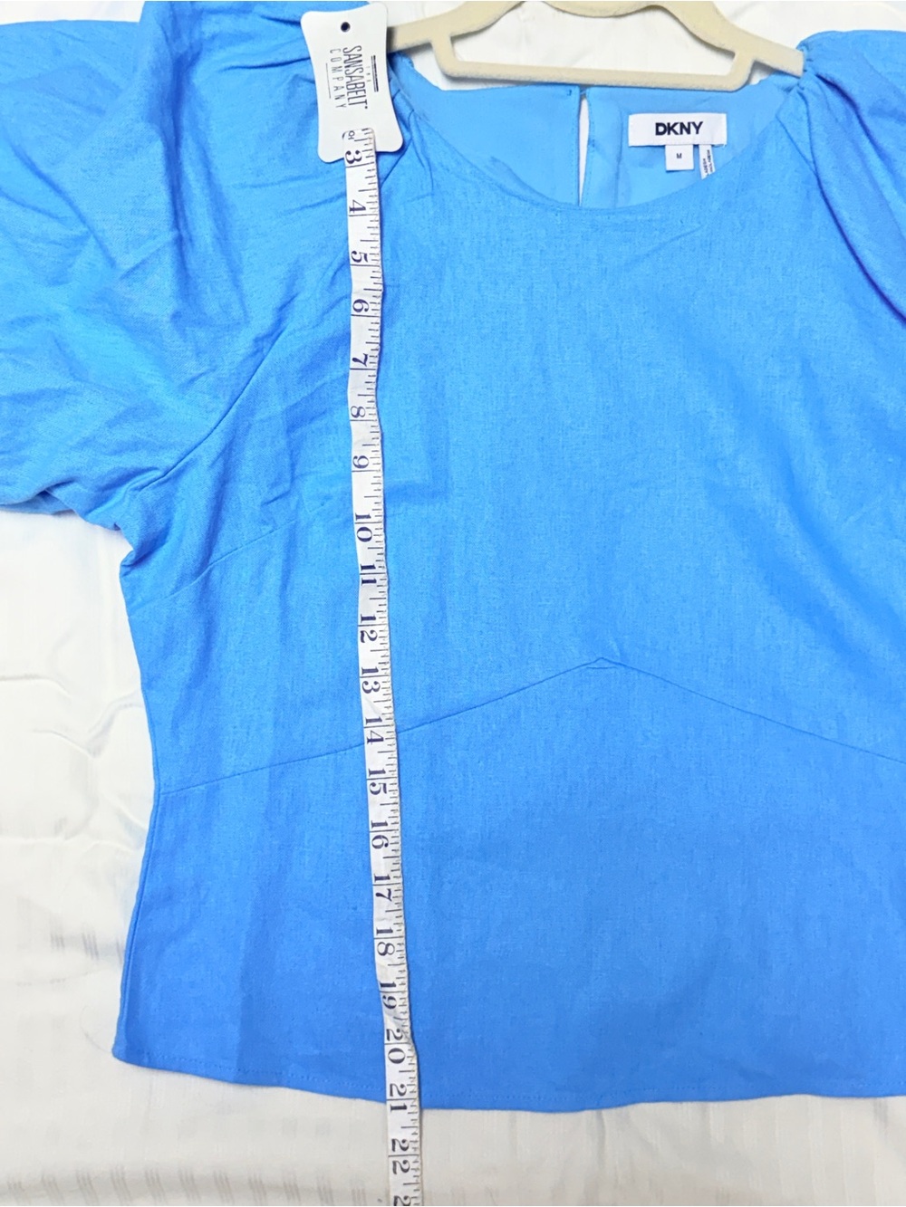 DKNY linen blend Puff Sleeve Blouse in Pool Blue - Picture 5 of 7